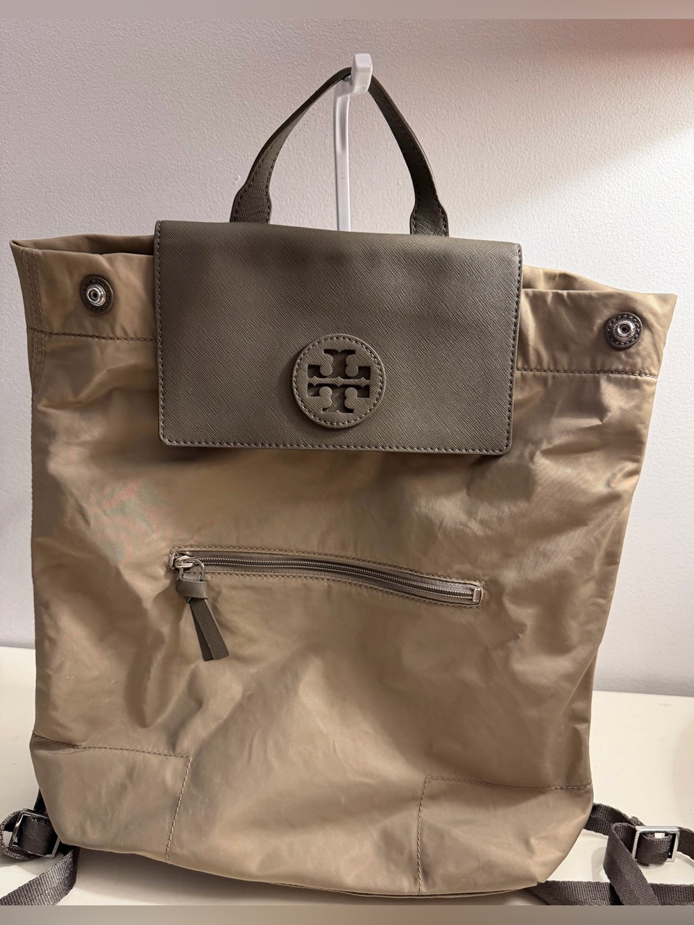 Tory Burch Ella nylon/leather packable backpack.